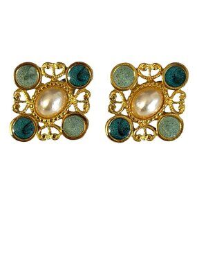 Vintage Faux Pearl Blue Enamel Gold Tone Stud Earrings Square Filigree Retro